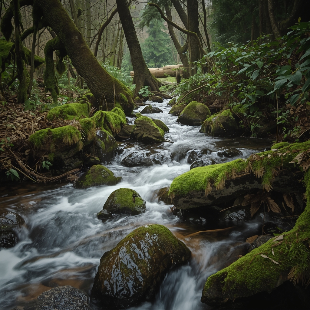 nano banana2 prompt: crystal clear stream flowing swiftly through an ancient mossy green deciduous forest, tranquil nature scene, cinematic lighting, ultra realistic, no woman image